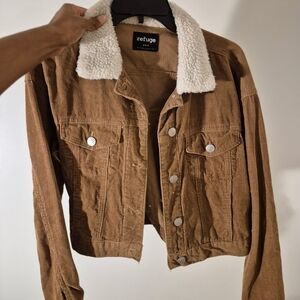 Refuge Women's Tan Corduroy Jacket with White Sherpa Collar